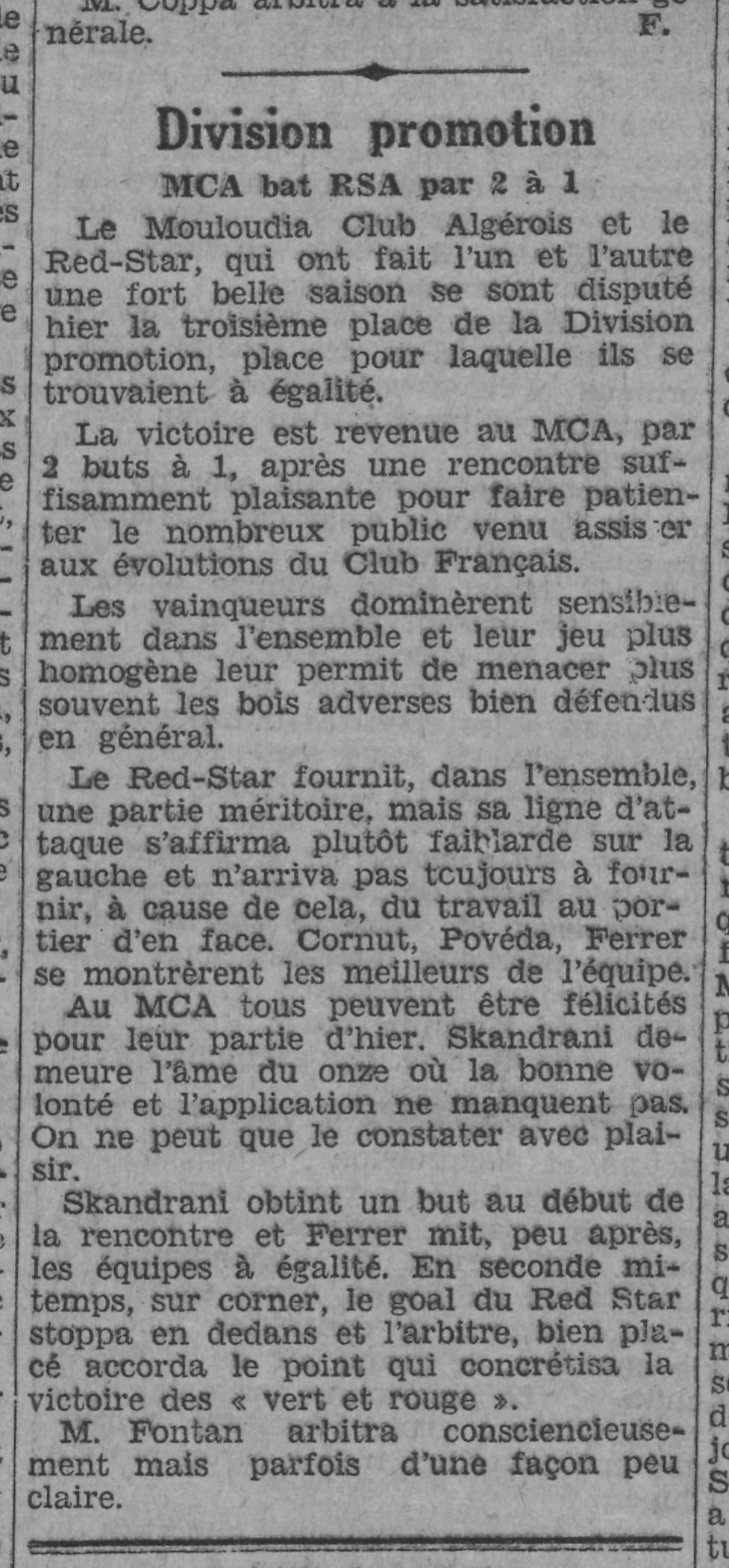 Dimanche 27.4.1930 Stade Municipal RSA-MCA 1-2 (Le Mouloudia se classe 3ème et le RSA 4ème)