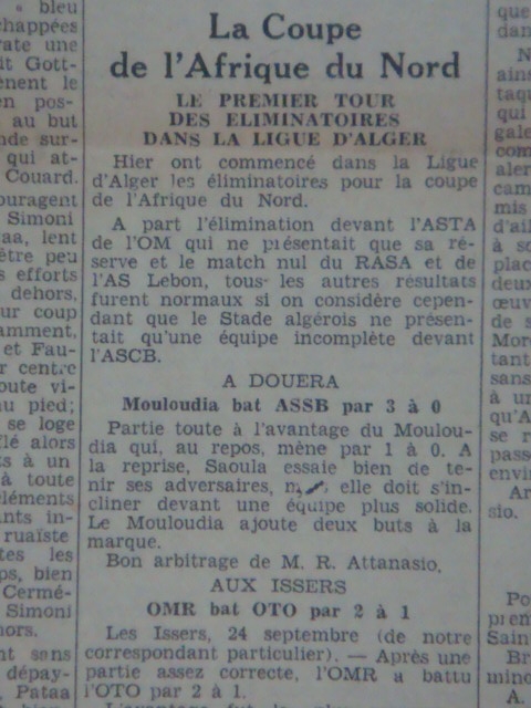Dimanche 24.9.1933 à Douera 1er tour coupe AFN MCA-ASSB Saoula 3-0