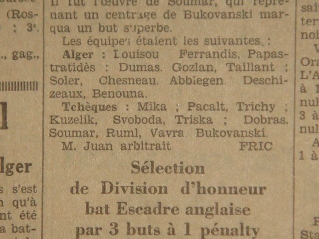 2.3.1930 Benouna Ali  GSO en sélection d\'Alger contre les tchèques