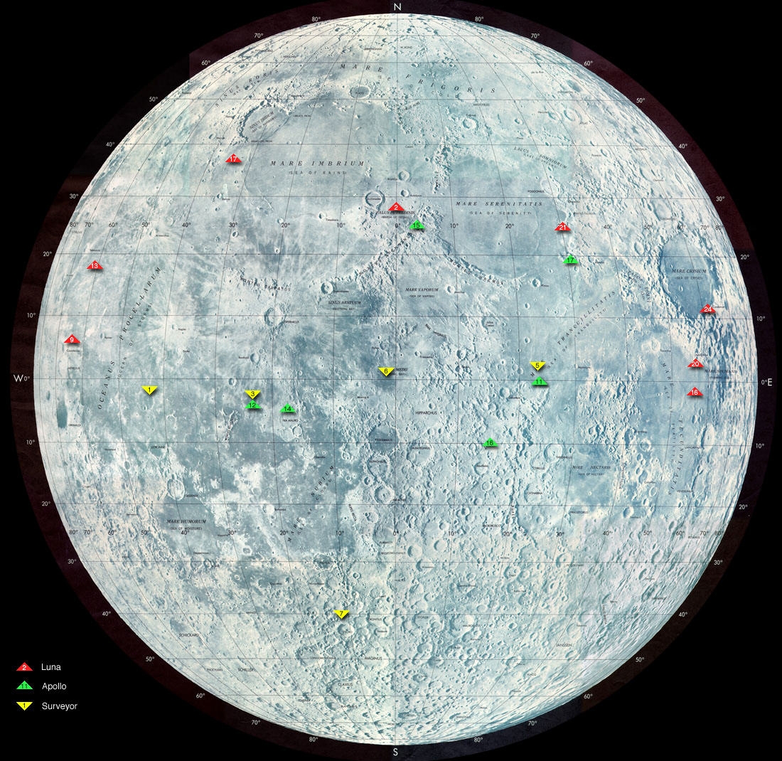 Les différents sites d'alunissage des missions lunaires