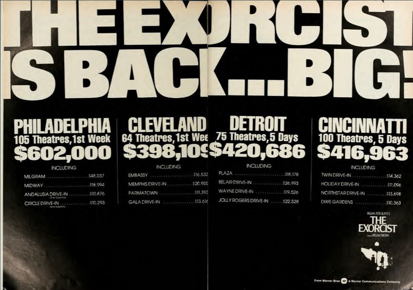 THE EXORCIST REISSUE BOX OFFICE USA 1976