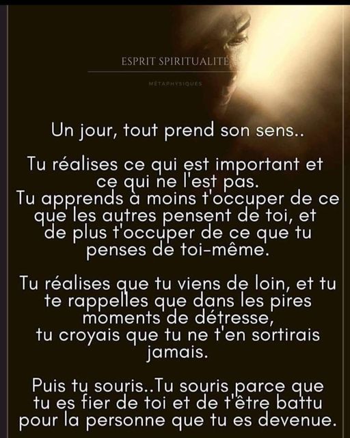 Peut être une image de texte qui dit ’Un jour, tout prend son sens.. Tu réalises ce qui est important et ce qui ne l’est pas. Tu apprends a moins toccuper de ce que les autres pensent de toi, et de plus t’occuper de ce que tu penses de toi-même. Tu réalises que tu viens de loin, et tu te rappelles que dans les pires moments de détresse, tu croyais que tu ne t’en sortirais jamais. Puis tu souris. Tu souris parce que tu es fier de toi et de têtre battu pour la personne que tu es devenue.’