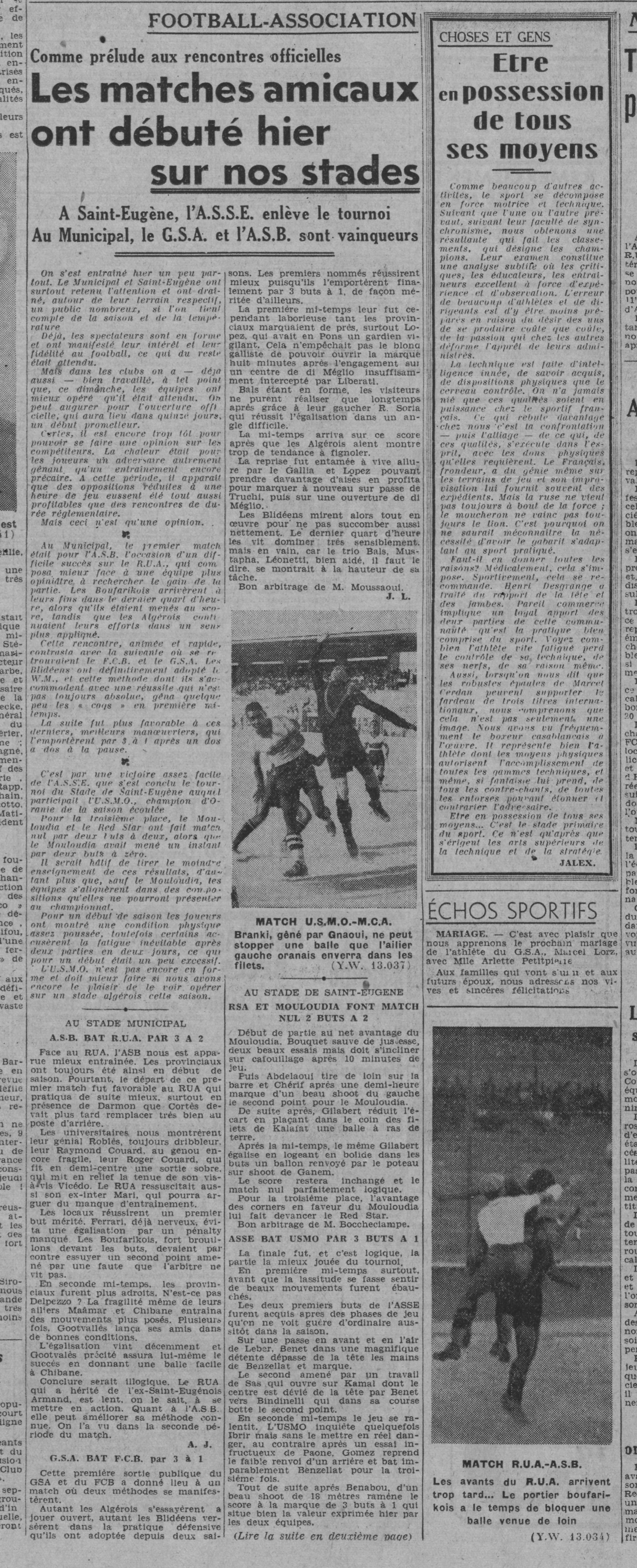 Samedi 6 Dimanche 7..9.1941 Tournoi de St Eugène USMO-MCA 3-0/RSA-MCA 2-2