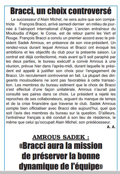 Samedi 5.12.2009 le nouvel Entraîneur François Bracci est à Alger
