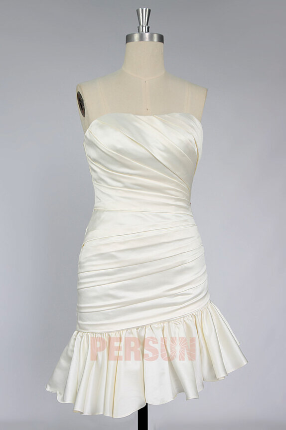 robe de mariée mini beige moulante plissé bustier jupe froufrou à volant