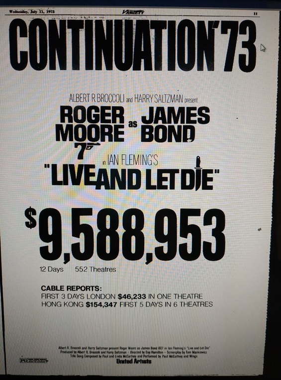 LIVE AND LET DIE BOX OFFICE USA 1973