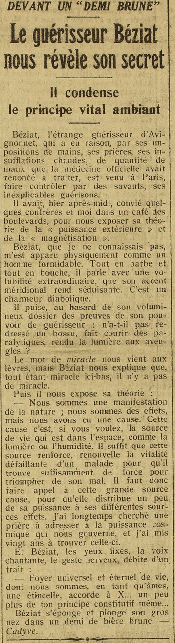 Le guérisseur Béziat nous révèle son secret (Paris-midi, 13 mai 1925)