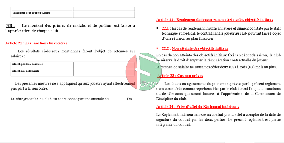 Spécimen de règlement intérieur