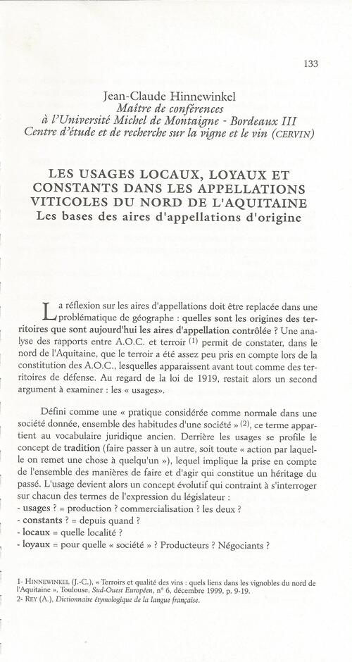 2000 Les usages locaux, loyaux et constants dans les appellations viticoles du nord de l’Aquitaine Les bases des aires d’appellations d’origine 