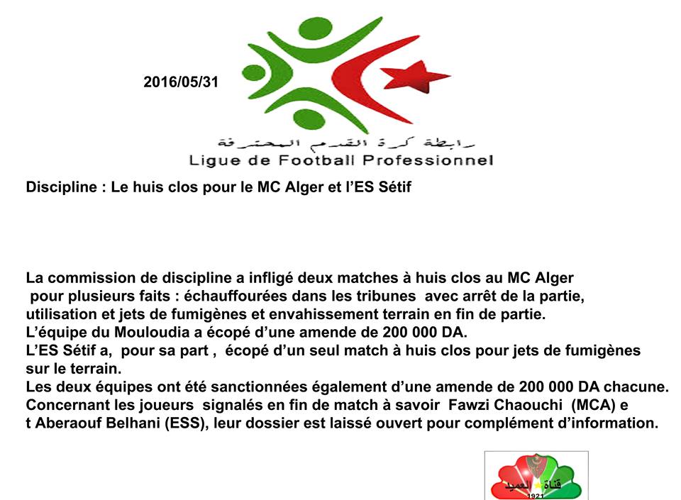 Apres les incidents du MCA/ESS , 2matches a huis clos