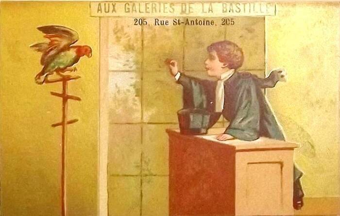 Le perroquet et l’avocat (chromo Aux Galeries de la Bastille. Paris. Circa 1890-1900).