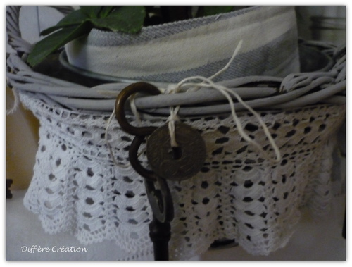 Panier patiné habillé de dentelle et orné de clefs anciennes