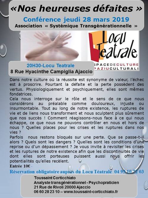 28 Mars 2019 à 20h30 - Conférence "Nos heureuses défaites" (Idem 21 Février )