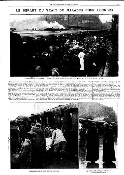 Le départ du train de malades pour Lourdes (Le Grand hebdomadaire illustré, 31 août 1924)