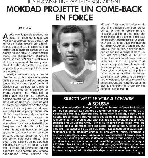 Mokdad revient au MCA au mercato