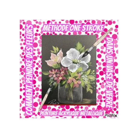 Dessin et peinture - vidéo 3639 : Comment peindre des fleurs dans un vase en verre par la méthode "one stroke" ? - peinture acrylique métallique.