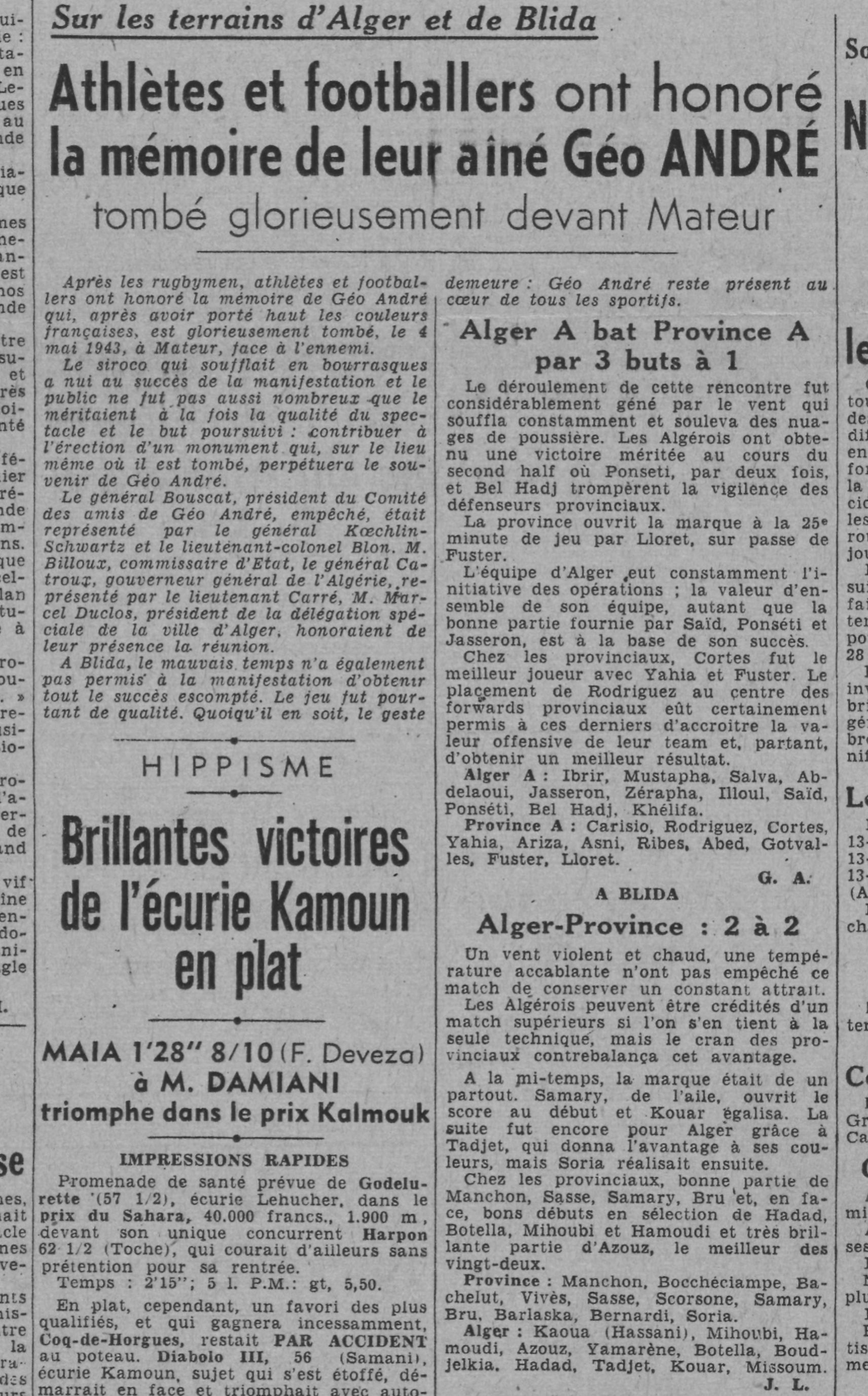 Dim 7.5.1944 Kerrarssi Mustapha, Abdellaoui et Said en sélection d'Alger A   au Municipal  alors qu