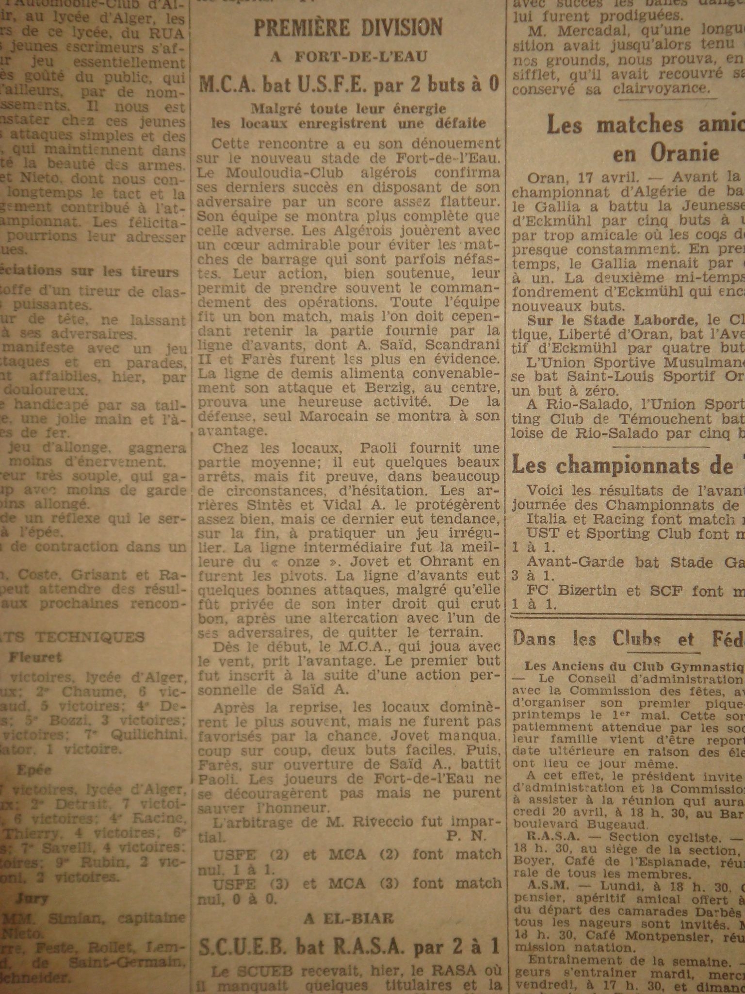 Dimanche 17.4.1932 à Fort de l'eau USFE-MCA 0-2