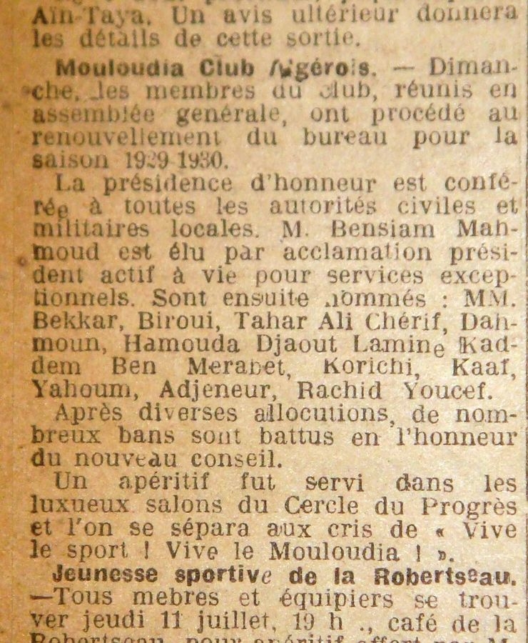 Le Bureau du Mouloudia 1929-1930