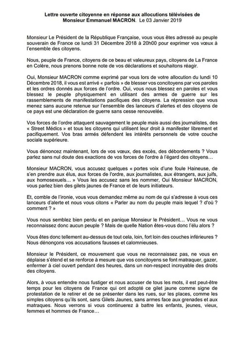 Lettre des Gilets Jaunes   La France en Colère  du 3 janvier 2019  à Macron