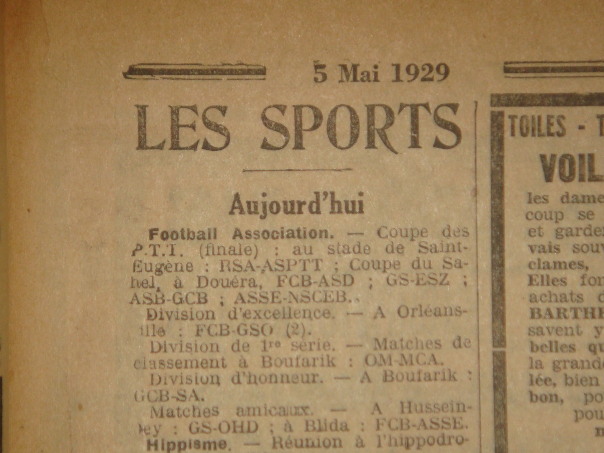 5.5.1929 Poule des Champions (pour le titre) à Boufarik O.Marengo-MCA  (match à rejouer) MCA CHAMP