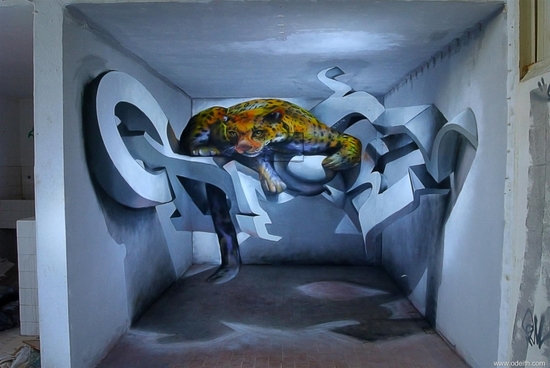 Odeith-5-walls-Anamorphic-3D-Graffiti-Letters-leopard-standing-inside-room-Lisboa-Portugal