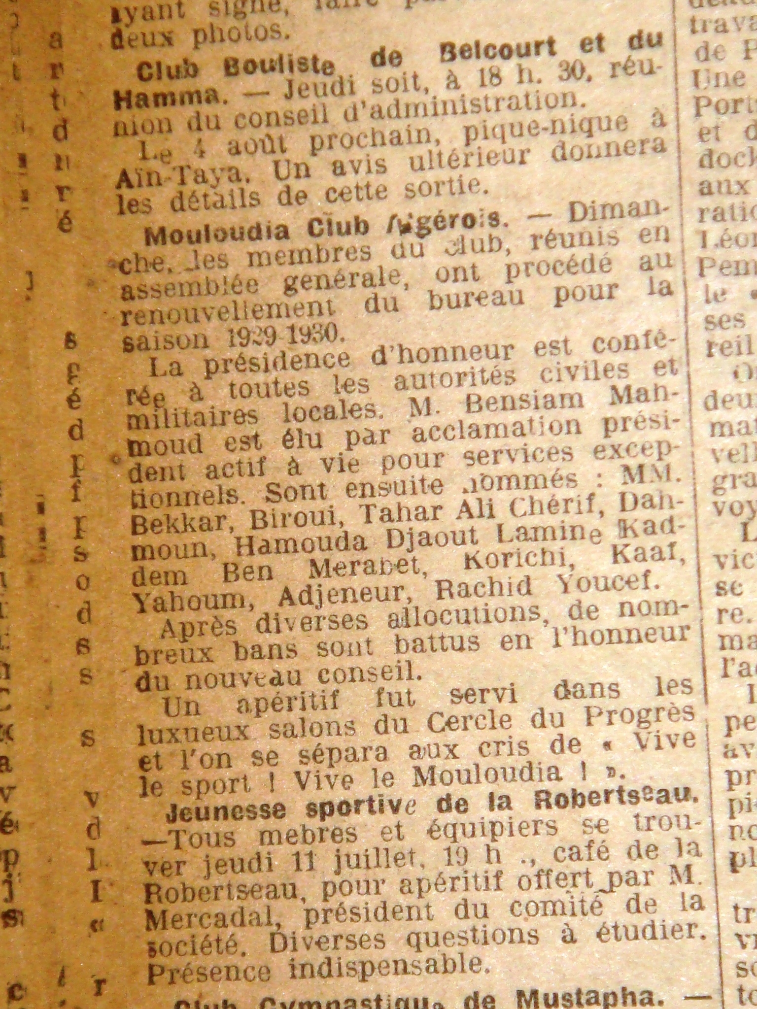 Le Bureau du Mouloudia 1929-1930 Bensiam Mahmoud président à vie