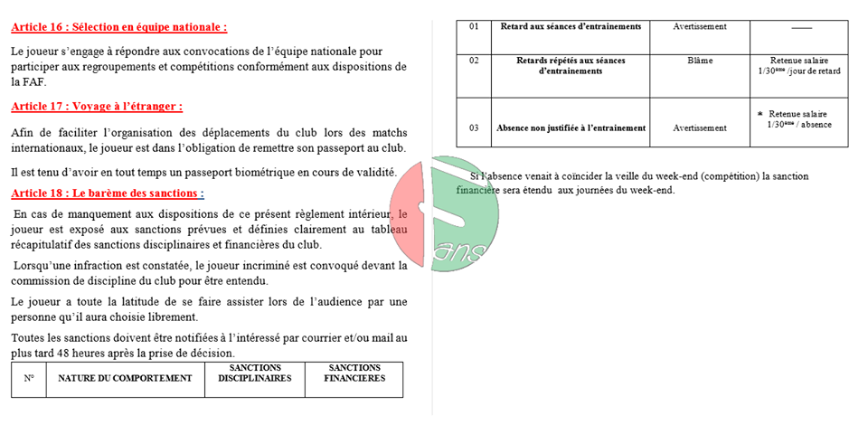 Spécimen de règlement intérieur