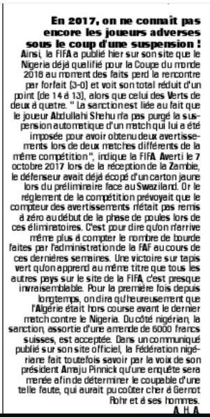 Mardi 12.12.2017 C.M l'EN hahne sur tapis vert contre le Nigéria 3-0