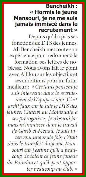 Bencheikh encense Mansouri