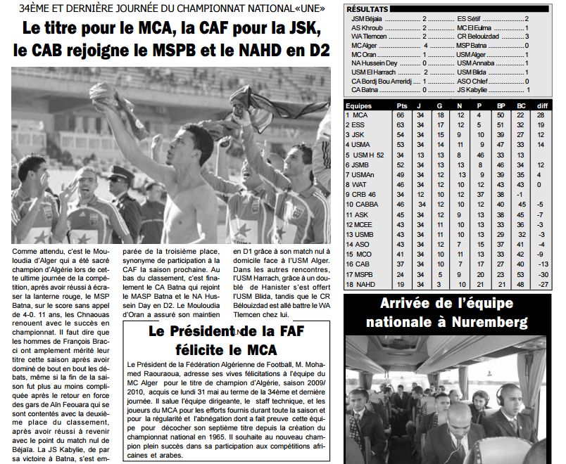 31 mai 2010 MCA champion d'Algérie