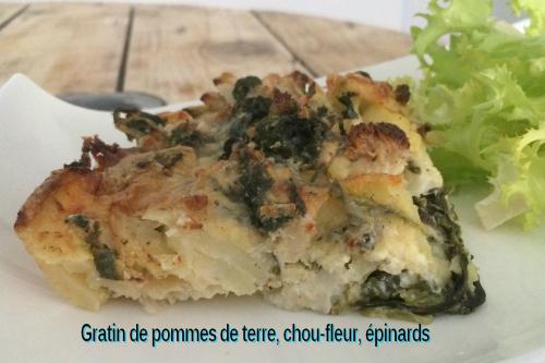 Gratin de pommes de terre, chou-fleur, épinards