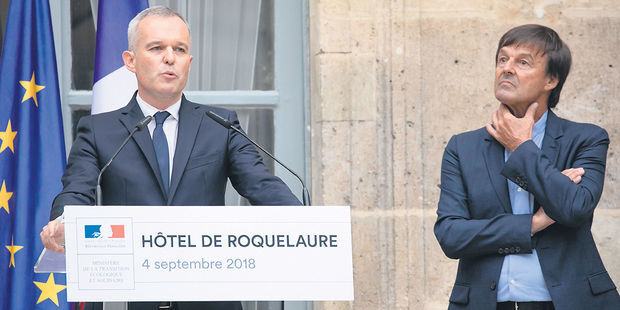 François de Rugy et Nicolas Hulot lors de la passation de pouvoir au ministère de la Transition écologique.