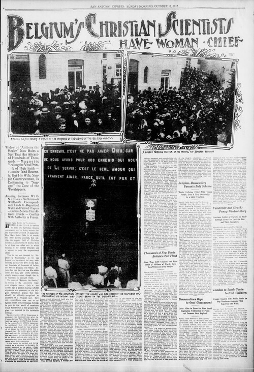 Belgium's Christian Scientists have woman chief (San Antonio Express, Vol. 47, No. 287, Ed. 1 Sunday, October 13, 1912)(texashistory.unt.edu)