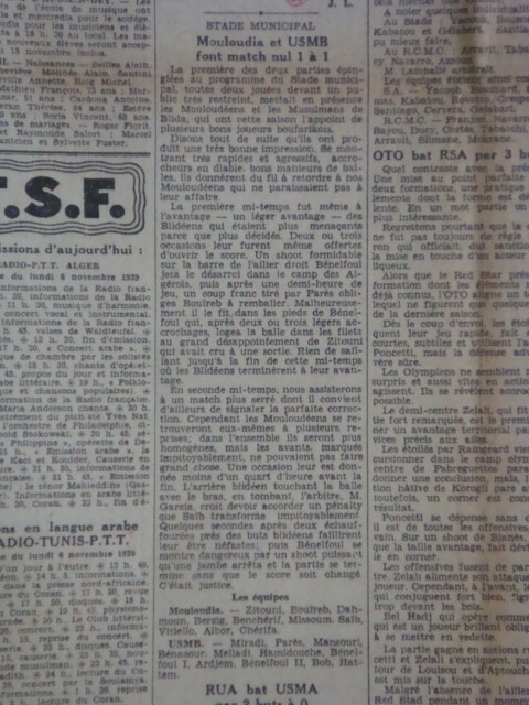 5.11.1939 premier match officiel entre mca et usmb score final 1-1