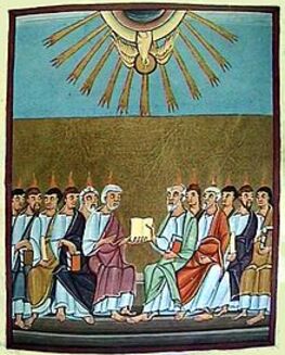 Descente du Paraclet sous la forme du Saint-Esprit cinquante jours après avoir été promis par Jésus (Apocalypse de Bamberg, ~1010).