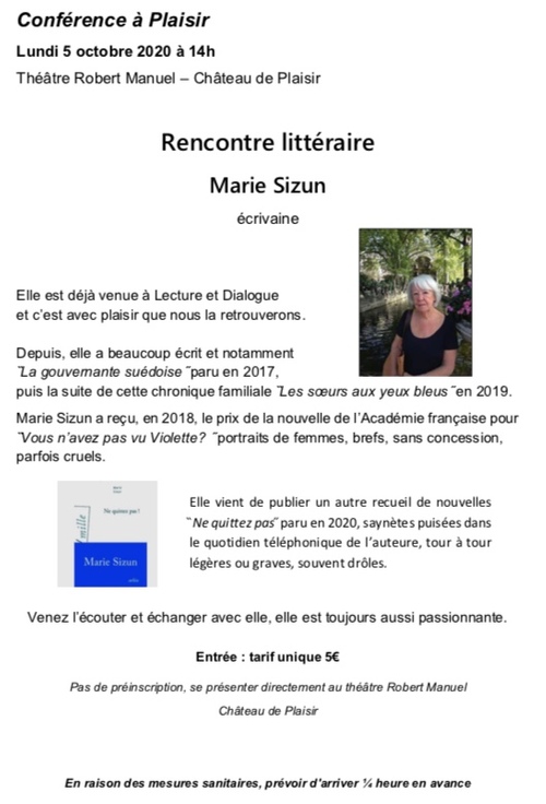 Rencontre littéraire - Marie Sizun - Lundi 5 octobre 2020 à 14h
