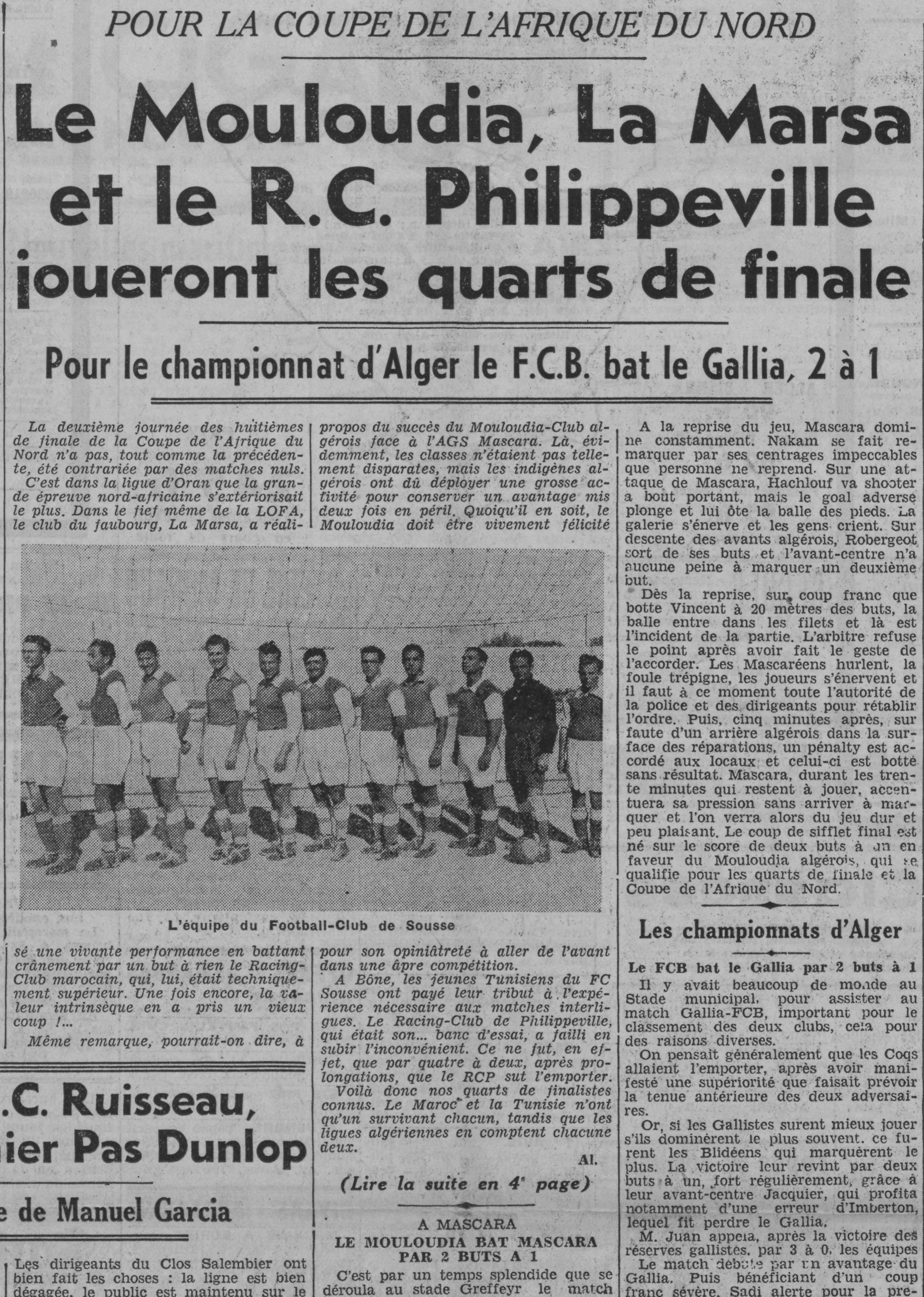 Dimanche 9.2.1936 à Mascara Stade Greffeyr 1/8 coupe AFN AGS Mascara-MCA 1-2