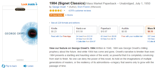 Capture d’écran du site de e-commerce Amazon.com. Le roman de George Orwell est n°1 des ventes sur le site depuis le 25 janvier.