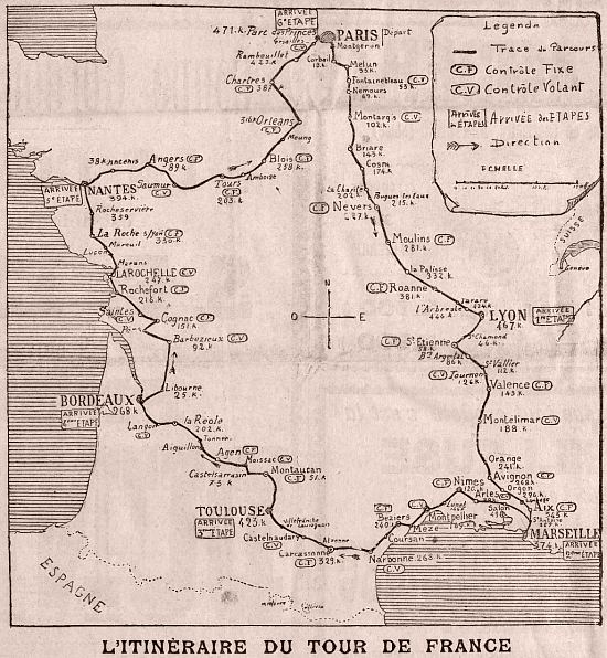 L'itinéraire du Tour de France 1903. Illustration extraite de L'Auto du 1er juillet 1903