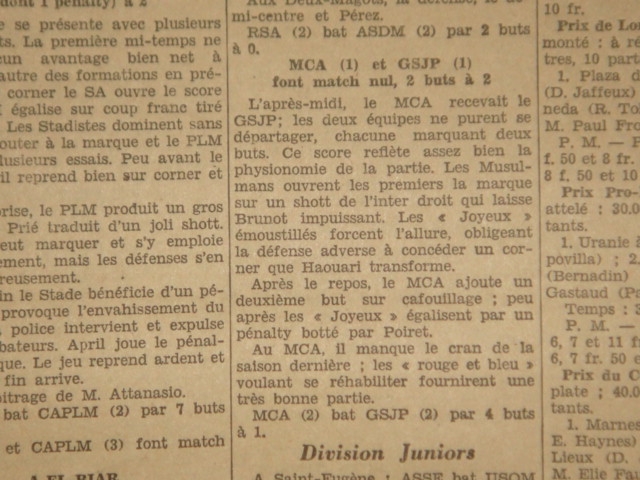 Dimanche 13.10.1929 à Belfort MCA-GSJP (Groupe Sportif de la Joyeuse Pensée) 2-2