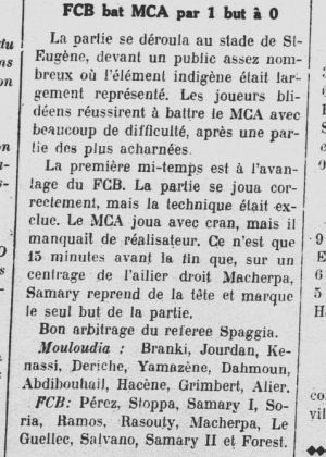 Dimanche 4.10.1936 1ère journée à St Eugène MCA-FCB 0-1