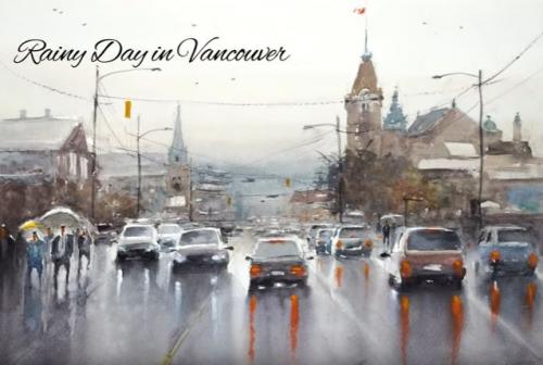 Dessin et peinture - vidéo 3581 : Un jour de pluie à Vancouver ( Canada) - aquarelle.