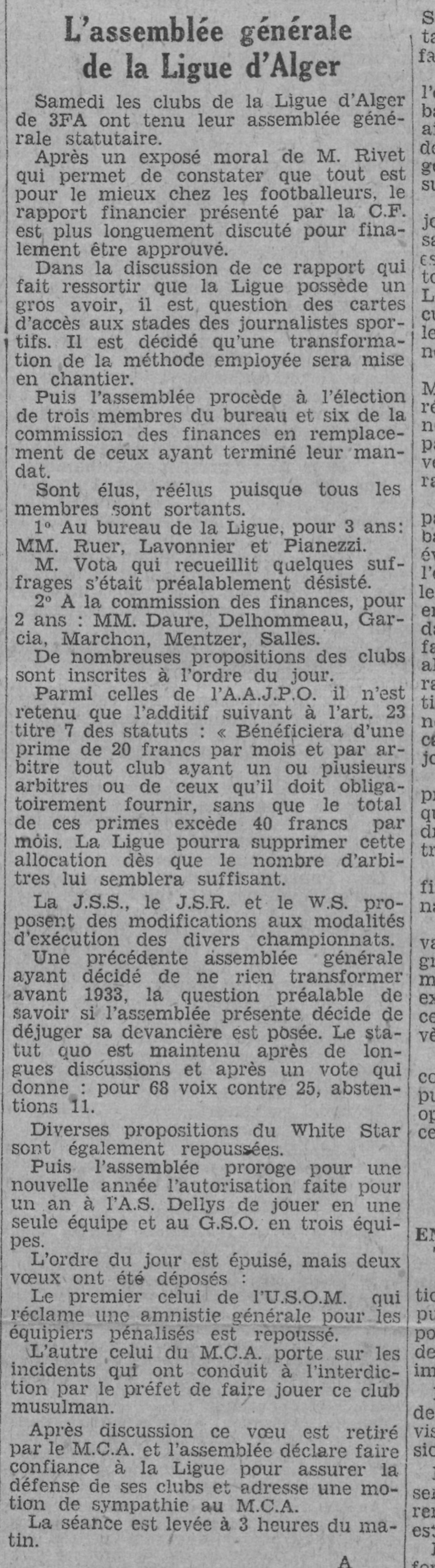 Dimanche 7.6.1931 Le MCA se plaint de la Hogra