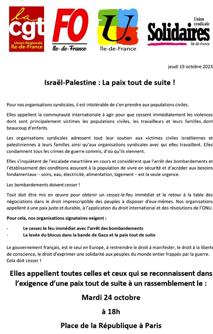 Appel à manifester mardi 24 octobre – Israël-Palestine : La paix tout de suite !