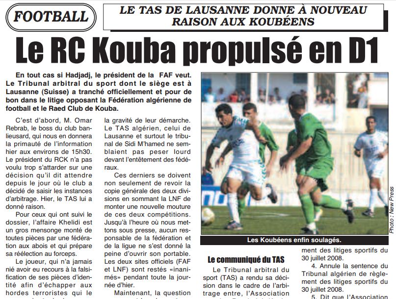 Le T.A.S donne raison au RCK