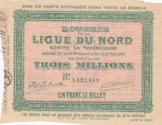 Billet France 1 Franc Loterie Ligue du Nord contre la Tuberculose - 1903 -  TTB