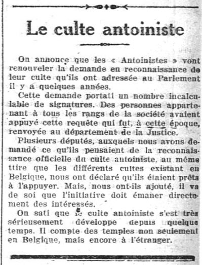Le culte antoiniste - reconnaissance (La Dernière Heure, 8 juillet 1925)(Belgicapress)