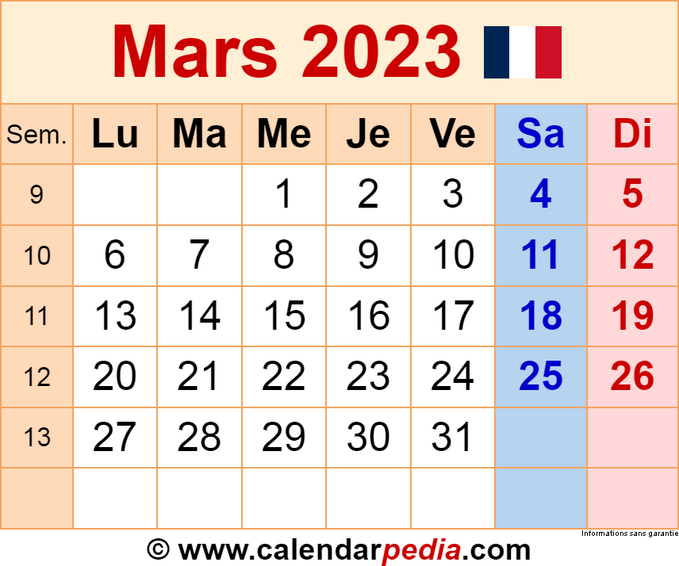 Calendrier mars 2023 Excel, Word et PDF - Calendarpedia