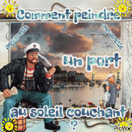 Dessin et peinture - vidéo 3465 : Comment peindre un port de pêche au soleil couchant ? - aquarelle.